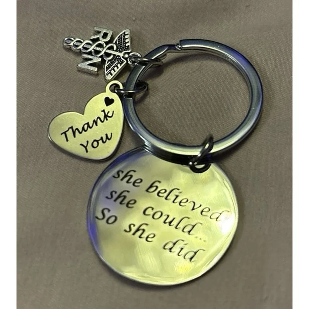 NEW Silver Nurse/RN Thank You Keychain w/‎ Charms - She Believed She Could